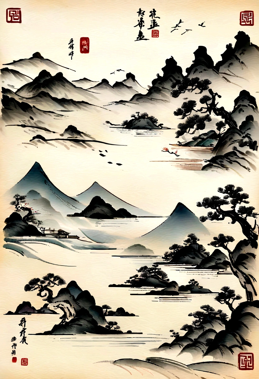Paintings of mountains, rivers and villages, Chinese painting style, Inspired by Huang Binhong, 传统Chinese Ink Painting, Chinese Ink Painting, Traditional Chinese painting, Traditional Chinese Art, inspired by Zhang Shunzi, Chinese scenery, Chinese Ink Painting, Chinese painting, Inspired by Wang Shishen, inspired by Chang Dai-chien