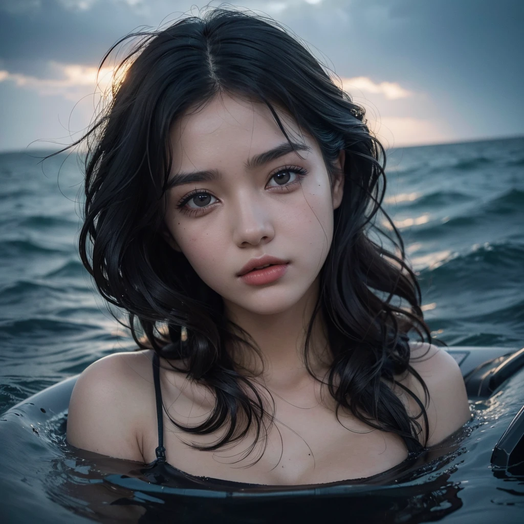 a girl sitting on the raft stranded in the middle of the sea, full body, detailed facial features, beautiful detailed eyes, beautiful detailed lips, extremely detailed face and skin, long eyelashes, detailed clothing, waves crashing around the raft, overcast sky, dramatic lighting, moody atmosphere, photorealistic, 8k, best quality, masterpiece, highly detailed, dramatic, cinematic