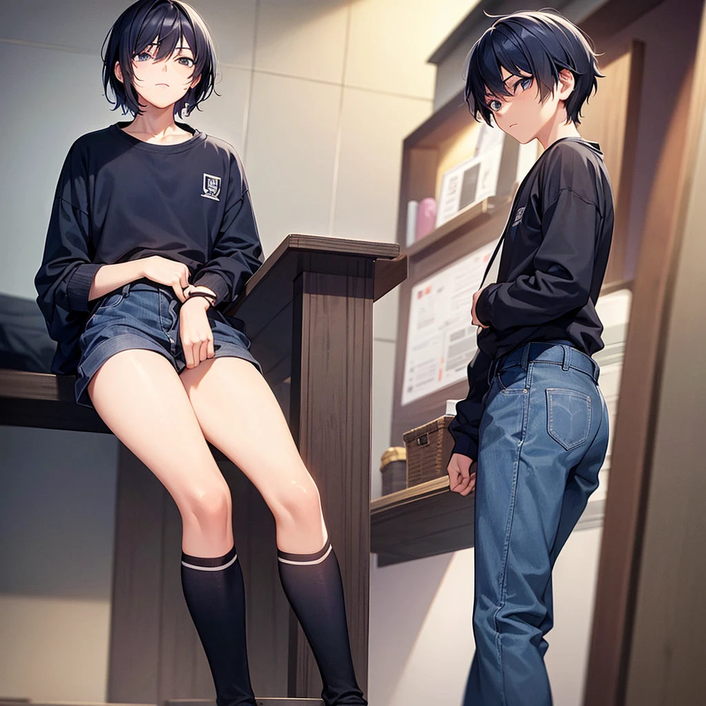 A 17-year-old age boy, 165cm tall, fair skin, short navy hair, male, male, male, solo,