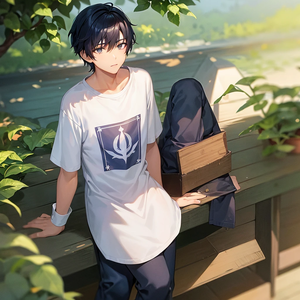 A 17-year-old teenage boy, 165cm tall, fair skin, short navy hair, male, male, male, solo,