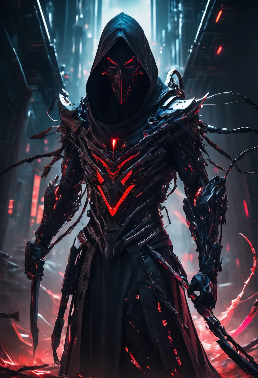 A menacing cyborg Death Reaper emerges from shadows, wear a hi tech mask, wielding dual scythes pulsing with crimson neon. Sleek black armor melds with a tattered hoodie, obscuring its face. Cinematic low-key lighting accentuates sharp edges and ominous silhouette. Hyper-detailed textures reveal intricate circuitry and battle scars. Dramatic composition emphasizes the figure's imposing presence. Color palette contrasts deep blacks with vibrant reds and cool blues. Rendered in ultra-high 8K resolution, capturing every eerie detail.