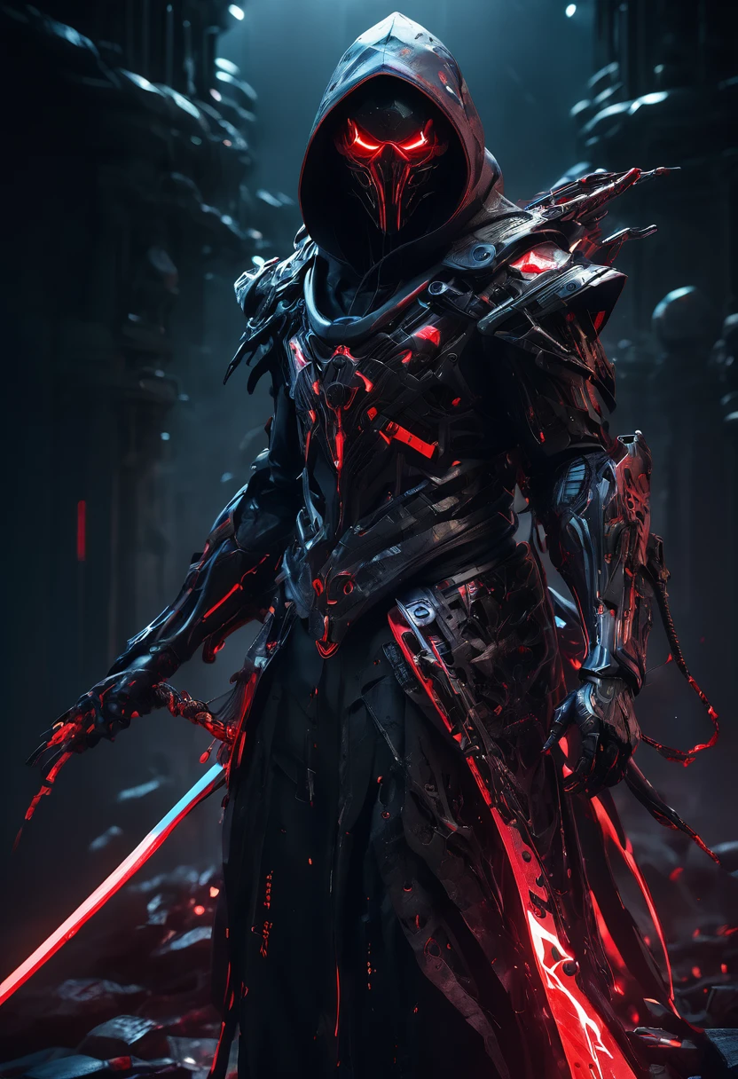 A menacing cyborg Death Reaper emerges from shadows, wear a hi tech mask, wielding dual scythes pulsing with crimson neon. Sleek black armor melds with a tattered hoodie, obscuring its face. Cinematic low-key lighting accentuates sharp edges and ominous silhouette. Hyper-detailed textures reveal intricate circuitry and battle scars. Dramatic composition emphasizes the figure's imposing presence. Color palette contrasts deep blacks with vibrant reds and cool blues. Rendered in ultra-high 8K resolution, capturing every eerie detail.