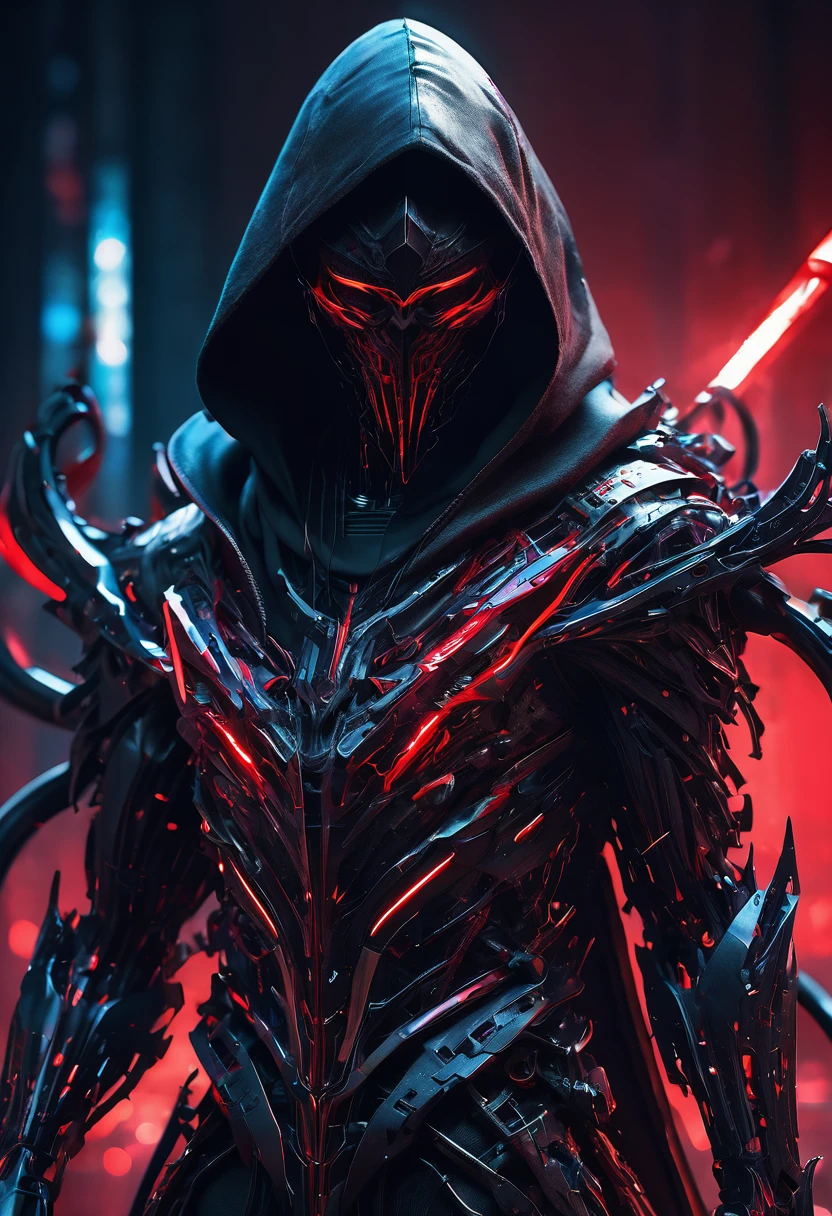 A menacing cyborg Death Reaper emerges from shadows, wear a hi tech mask, wielding dual scythes pulsing with crimson neon. Sleek black armor melds with a tattered hoodie, obscuring its face. Cinematic low-key lighting accentuates sharp edges and ominous silhouette. Hyper-detailed textures reveal intricate circuitry and battle scars. Dramatic composition emphasizes the figure's imposing presence. Color palette contrasts deep blacks with vibrant reds and cool blues. Rendered in ultra-high 8K resolution, capturing every eerie detail.