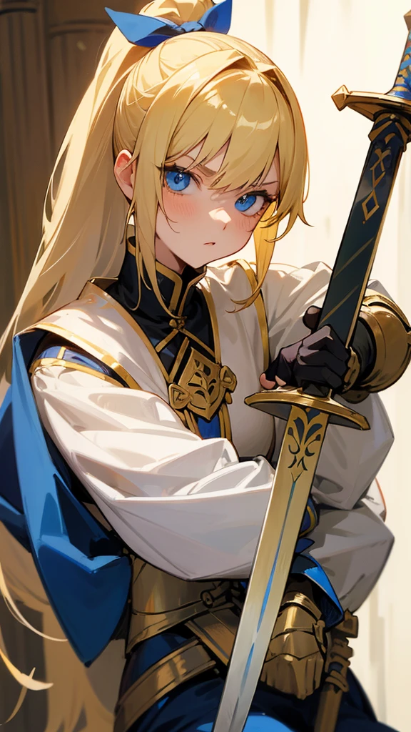 Anime girl wearing blonde hair in ponytail with blue eyes wearing a Knight outfit with holding a sword sitting on a blondr horse full bodh and whire screen her face is serious
