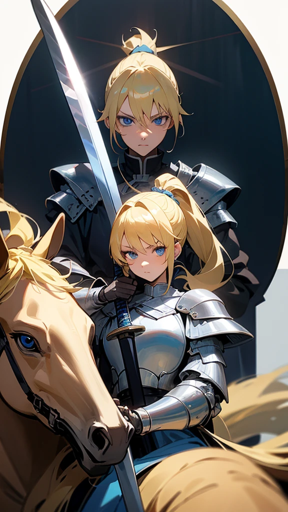 Anime girl wearing blonde hair in ponytail with blue eyes wearing a Knight outfit with holding a sword sitting on a blondr horse full bodh and whire screen her face is serious