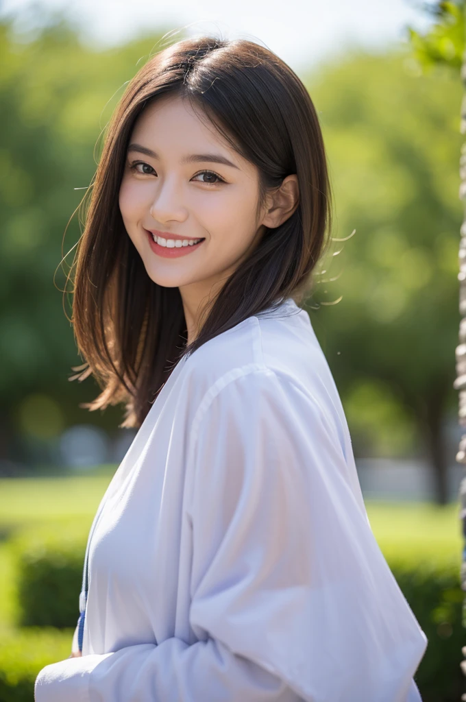 A woman is smiling with an attractive smile,Facing forward,Blurred background