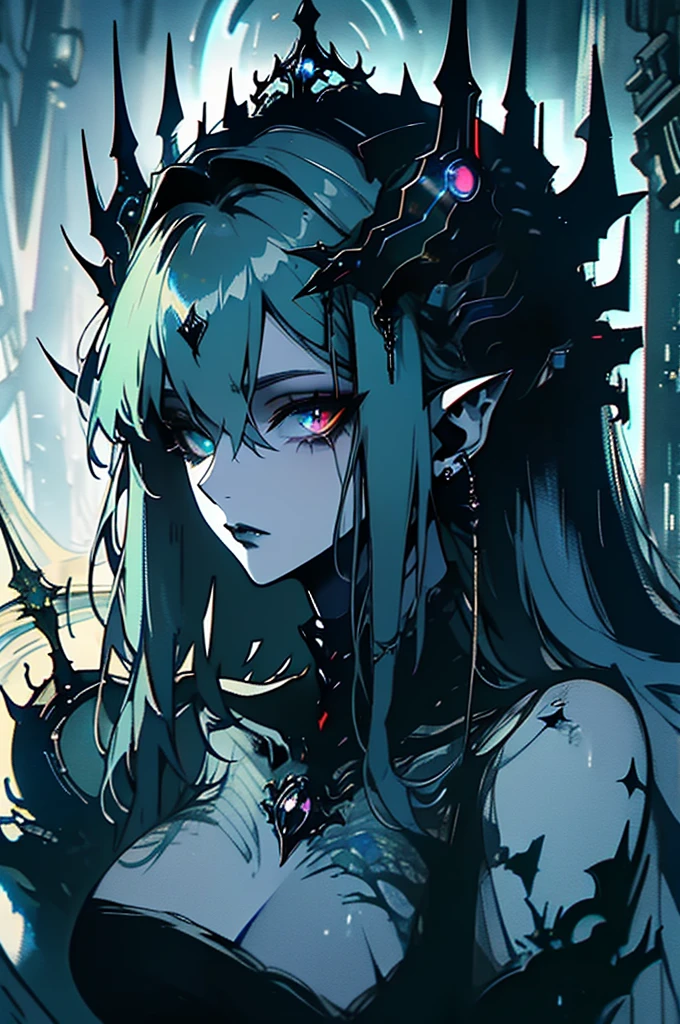 A cybernetically enhanced gothic alien girl, a masterpiece of mechanical horror looms in the shadows. This eerie creature is depicted in a hyper-realistic oil painting, capturing every intricate detail in stunning clarity. Its metallic fins glimmer with neon lights, contrasting starkly against its decaying scales. The background is a dark, polluted cityscape, adding to the ominous atmosphere of the image. The overall quality of the painting is so lifelike that it feels as if the alien could leap out of the canvas at any moment.
