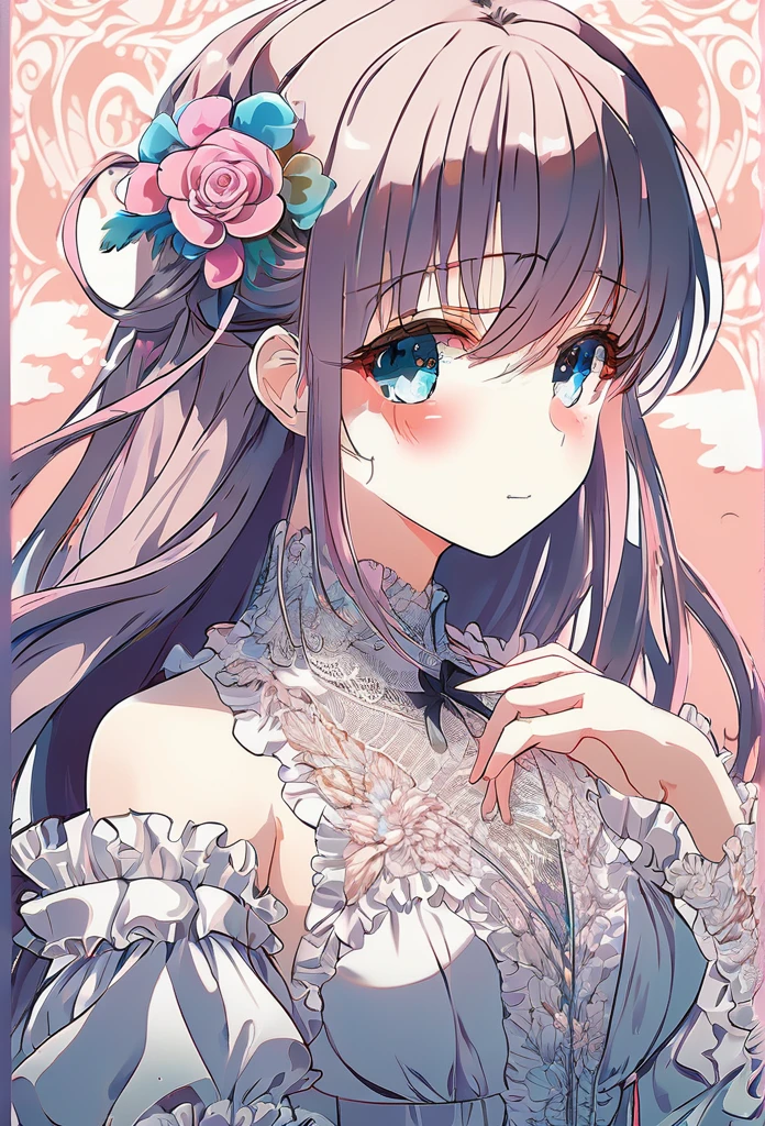 (((masterpiece:1.4))), (highest quality:1.4), (Ultra-high resolution:1.4), (best quality:1.2), (ultra detail:1.3), 8K, 16K, This is a super high-definition illustration of a girl wearing fine lace. The background features a super fine lace pattern. The entire illustration is covered with colorful ultra-fine lace. Colorful, vivid, and beautiful anime-style coloring.