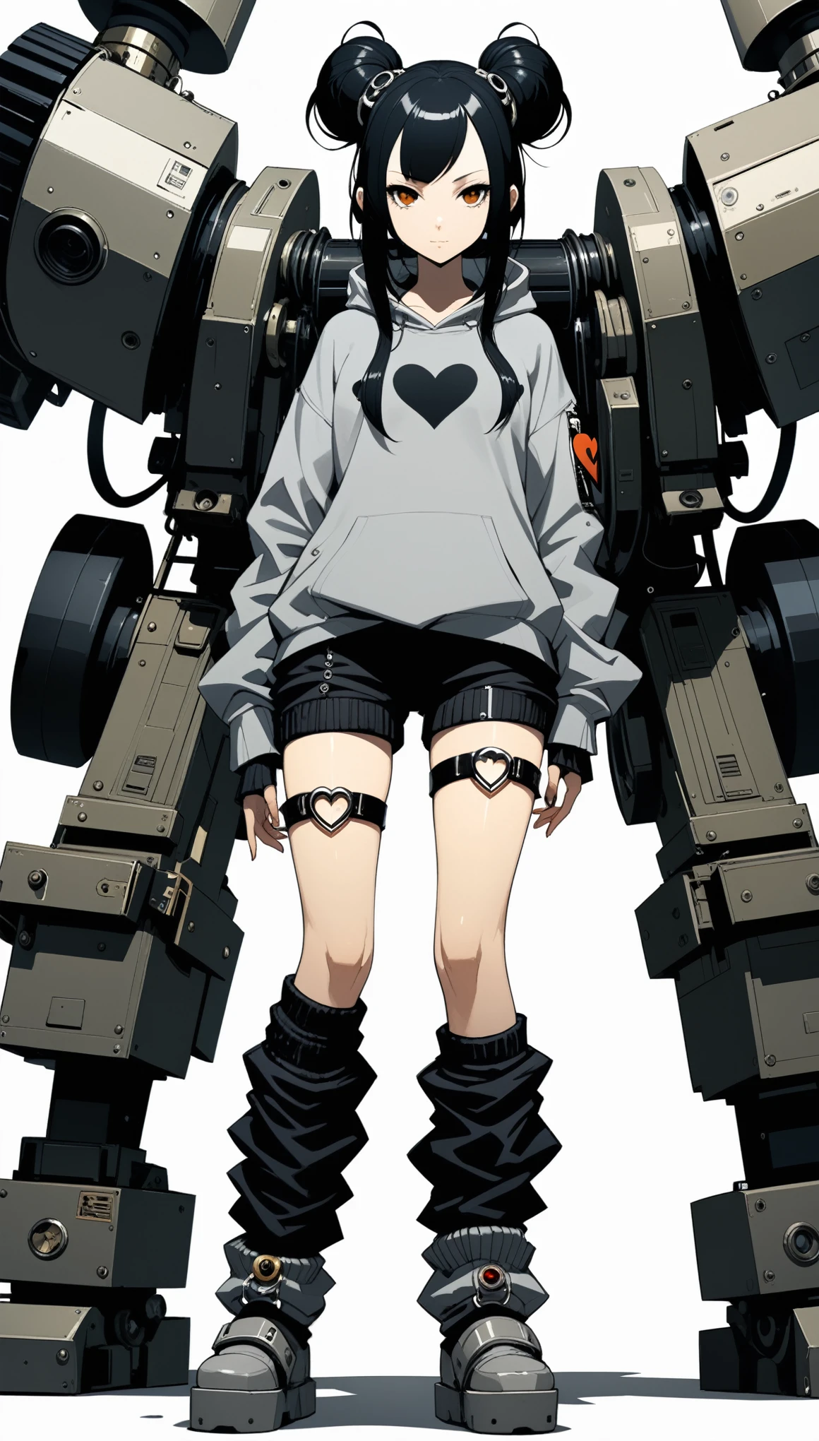 in style of Ashley Wood, character concept design, Legs,fullbdoy shot,black hair,Forehead,Grey sweatshirt,,Heart Shaped Leg Ring,(((oversize leg warmers))),hands_on_hips,feet focus,wide angle, form above,panoramic