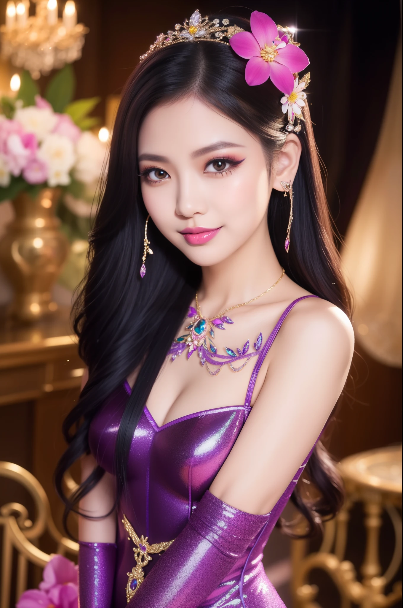 sexy Thai model who controls poison、beautiful smile、lip-gloss、bold lipstick、long lashes, ultra detailed makeup、look at the camera、full body Esbian、、sparkling poisoned flower costume、、、、sparkling Colorful hair、secrete poison、skull hair accessories、sexy tights、shiny sparkling flowers background