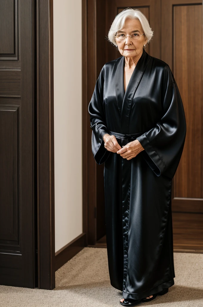 An old mature woman wearing long black silk robe