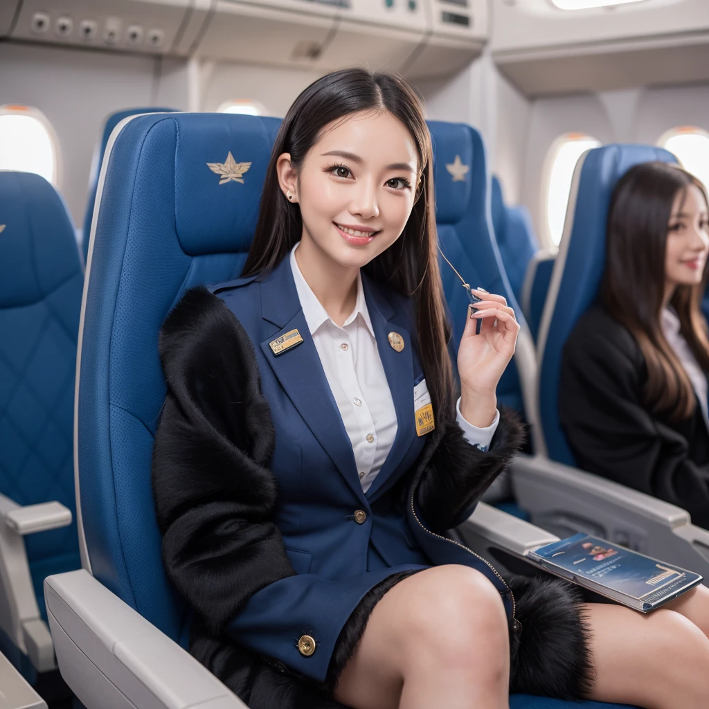 young girl 32 years old, flight attendant, sitting in the airplane seat, dressed in uniform, smiling, posing, 8k, maximum quality, maximum resolution, black fur, sexy, neckline, Free hair, very thin, pied, without jacket