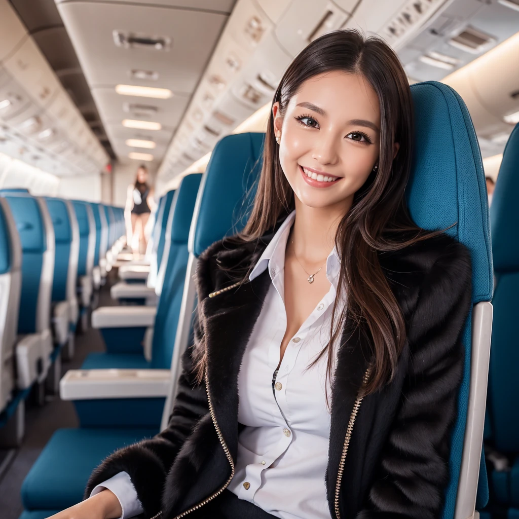 young girl 32 years old, flight attendant, sitting in the airplane seat, dressed in uniform, smiling, posing, 8k, maximum quality, maximum resolution, black fur, sexy, neckline, Free hair, very thin, pied, without jacket