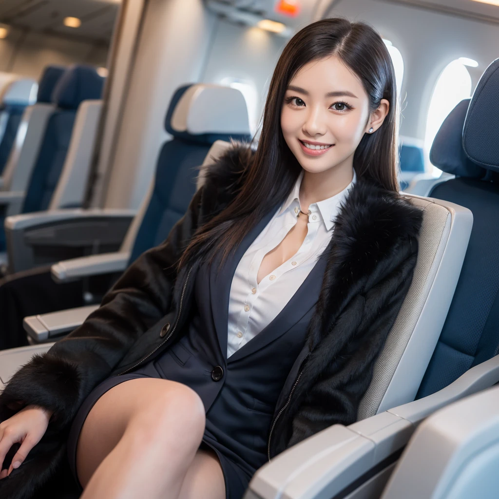 young girl 32 years old, flight attendant, sitting in the airplane seat, dressed in uniform, smiling, posing, 8k, maximum quality, maximum resolution, black fur, sexy, neckline, Free hair, very thin, pied, without jacket