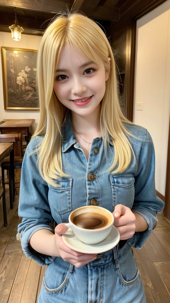 (masterpiece), (best quality), (ultra-detailed),antique house,1girl,nostalgic,lodge,A girl is traveling 
,shiny yellow gold hair, wide angle, blue eye, medium hair, (cute smile)
 antique cafe, at dusk, (holding coffee cup with both hands)