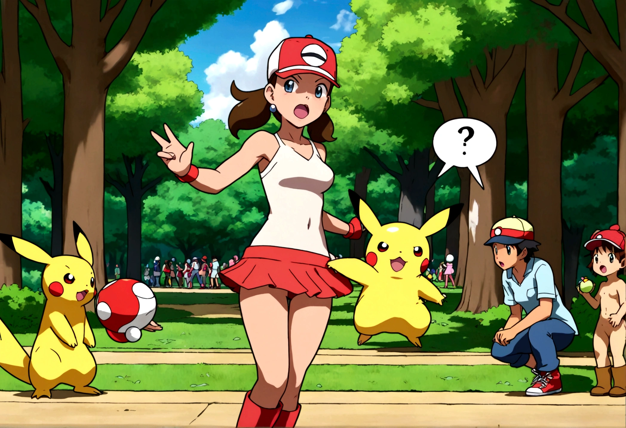 A determined cute woman pokemon trainer, tosses out her pokeball summoning a confused naked woman in pokemon boots and ears, crowded park in daytime. The trainer yells 'Milafachu! I choose you!' in a chat bubble