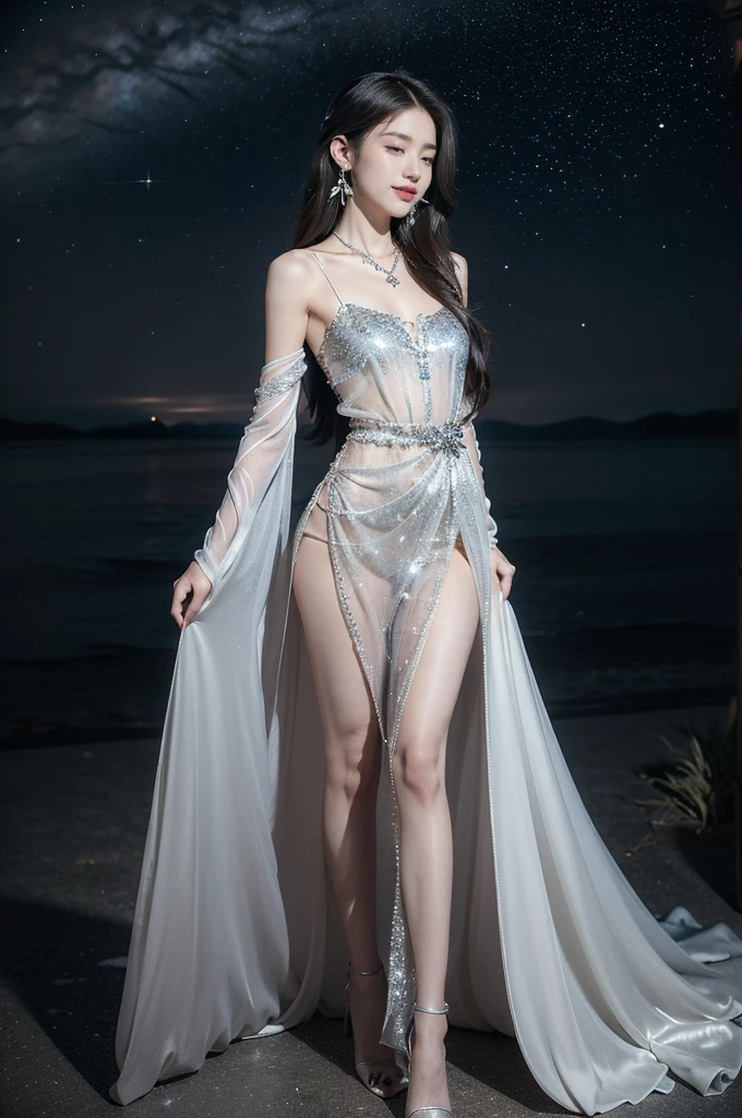 (((best quality))),(((ultra detailed))),(((masterpiece))),illustration,((A beautiful female astrologer,solo)),((slim,thin)),((small breasts,flat chest)),((shoulder length straight hair)),(laughing:1.2),(earrings,necklace),(sparkled sheer shirt-dress:1.3),(slender legs),standing beneath a magical summer night, stars twinkling in the velvety darkness,starry sky, sapphire eyes filled with wonder, flowing ethereal gown mimicking the stars, silver pendant shaped like a horoscope,serene smile and captivating gaze, celestial beauty and mystery, solace and inspiration in the vast expanse of the universe,((from front,full body)),(arms behind back:1.3)