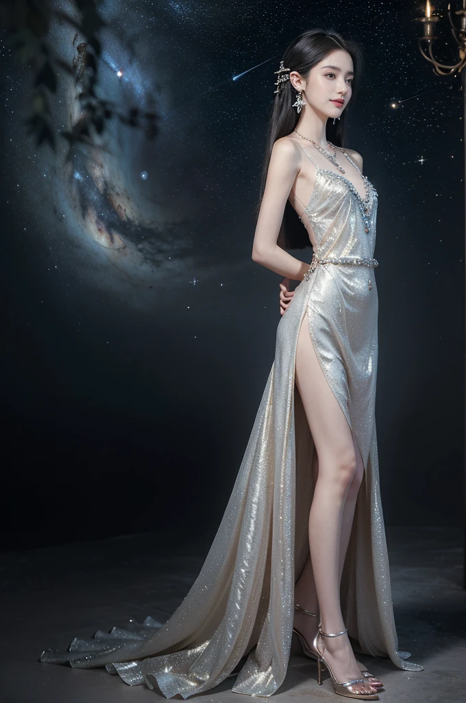 (((best quality))),(((ultra detailed))),(((masterpiece))),illustration,((A beautiful female astrologer,solo)),((slim,thin)),((small breasts,flat chest)),((shoulder length straight hair)),(laughing:1.2),(earrings,necklace),(sparkled sheer shirt-dress:1.3),(slender legs),standing beneath a magical summer night, stars twinkling in the velvety darkness,starry sky, sapphire eyes filled with wonder, flowing ethereal gown mimicking the stars, silver pendant shaped like a horoscope,serene smile and captivating gaze, celestial beauty and mystery, solace and inspiration in the vast expanse of the universe,((from front,full body)),(arms behind back:1.3)