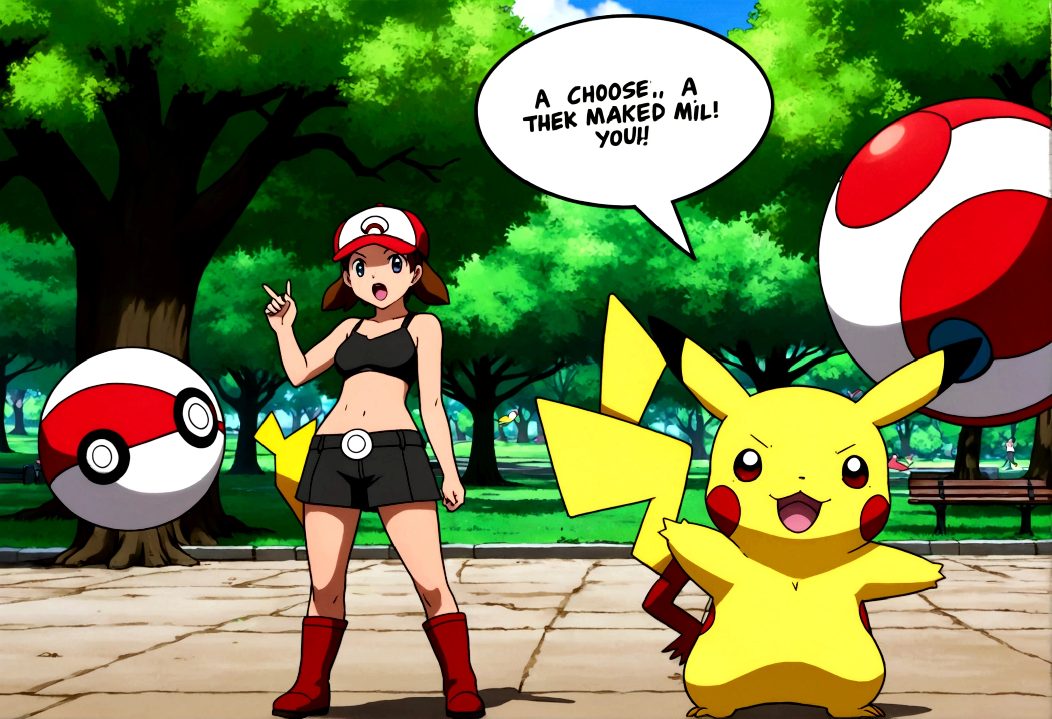 A determined cute woman pokemon trainer, tosses out her pokeball summoning a confused naked woman in pokemon boots and ears, crowded park in daytime. The trainer yells 'Milafachu! I choose you!' in a chat bubble