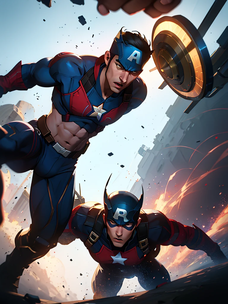 Captain America leap attack, shield at the ready, in a dynamic action pose amidst a chaotic battle scene backdrop. His muscles ripple beneath his iconic suit as he prepares to strike. The mid-body portrait showcases his determined expression and defined physique. The composition is sharp, with bold lines and contrasting colors drawing attention to the star-spangled hero. Highly detailed digital painting techniques create an extremely realistic 8K Kodak Golden shot, reminiscent of art by Ross Tran and Jim Lee.