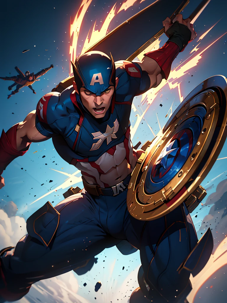 Captain America leap attack, shield at the ready, in a dynamic action pose amidst a chaotic battle scene backdrop. His muscles ripple beneath his iconic suit as he prepares to strike. The mid-body portrait showcases his determined expression and defined physique. The composition is sharp, with bold lines and contrasting colors drawing attention to the star-spangled hero. Highly detailed digital painting techniques create an extremely realistic 8K Kodak Golden shot, reminiscent of art by Ross Tran and Jim Lee.