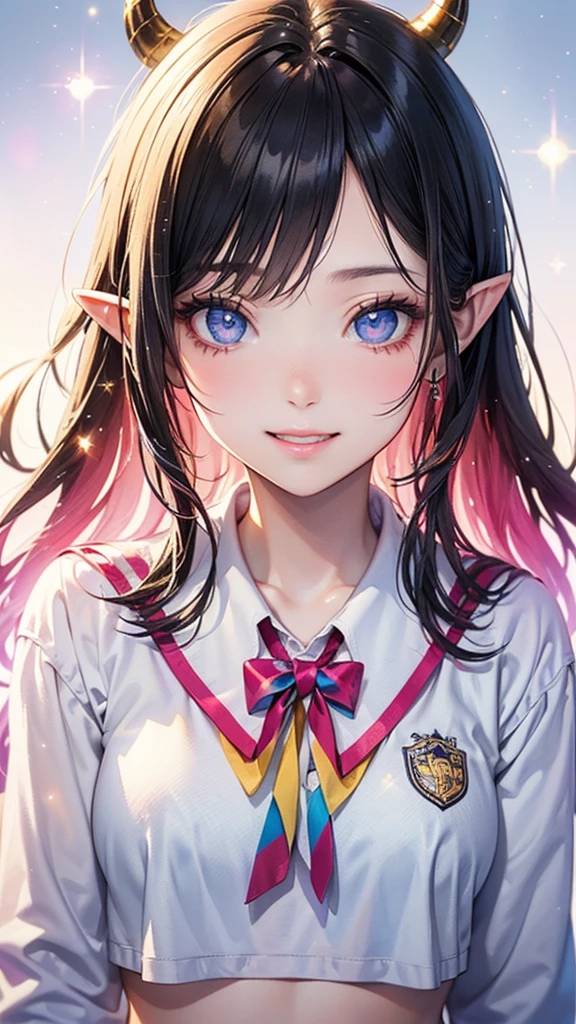 Soft Focus , (Bright gradient watercolor :1.5, Lens Flare:1.5 , Glitter :1.5), Glow , Dreamy , White background、Grid illusion, Colorful, girl、((extremely detailed eye:1.5)),((Face Zoom:1.5)),((Face Focus:1.5)),(((masterpiece、top-quality、top-quality、watercolor paiting)))(Curly)、Official art、Beautifully Aesthetic:1.2)、eye glass:1.5、(4girl:1.5)、(Fractal Art:1.3)、The upper part of the body、colourfull、((Ultra-detailed retina:1.5))、embarrassed from、(Midriff)、((pink eyes, Bangs)), ((Super Detail Eyes:1.5))、((red hair, long hair))、horns, horns towards the bangs, black horns, elf, elf ears((the Extremely Detailed CG Unity 8K Wallpaperasterpiece、top-quality))、((ultra-detailliert:1.2))、(The best lighting、Best Shadows、extremely delicate and beautiful)、(the Extremely Detailed CG Unity 8K Wallpaperasterpiece、best qualtiy、ultra-detailliert)、(The best lighting、Best Shadows、extremely delicate and beautiful)、(the perfect body:1.5)、((Wow Writing High School Uniforms:1.5)),{{{{Dazzling brilliance}}}}、Rainbow Bridge、(masutepiece:1.2), Best Quality, (Illustration:1.2), (Ultra-detailed), hyperdetails, (delicate detailed), (Intricate details), (Cinematic Light, best quality backlight), solo women, Perfect body, (4girl), (Best Illumination, extremely delicate and beautiful), Cinematic Light、【emblem:Irridescent color 】、Blue sky with、Sunnyday, smile, beautiful smile