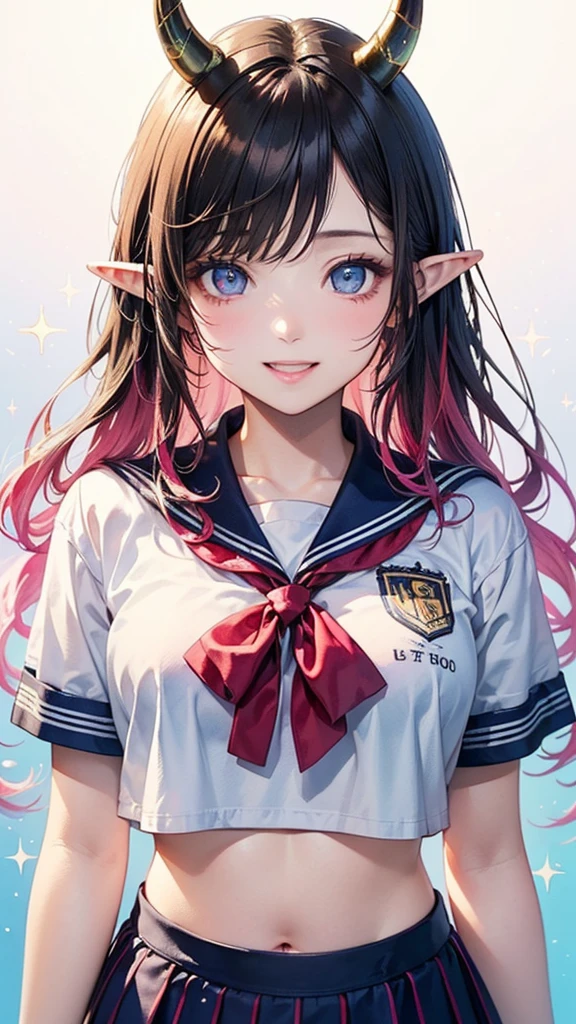 Soft Focus , (Bright gradient watercolor :1.5, Lens Flare:1.5 , Glitter :1.5), Glow , Dreamy , White background、Grid illusion, Colorful, girl、((extremely detailed eye:1.5)),((Face Zoom:1.5)),((Face Focus:1.5)),(((masterpiece、top-quality、top-quality、watercolor paiting)))(Curly)、Official art、Beautifully Aesthetic:1.2)、eye glass:1.5、(4girl:1.5)、(Fractal Art:1.3)、The upper part of the body、colourfull、((Ultra-detailed retina:1.5))、embarrassed from、(Midriff)、((pink eyes, Bangs)), ((Super Detail Eyes:1.5))、((red hair, long hair))、horns, horns towards the bangs, black horns, elf, elf ears((the Extremely Detailed CG Unity 8K Wallpaperasterpiece、top-quality))、((ultra-detailliert:1.2))、(The best lighting、Best Shadows、extremely delicate and beautiful)、(the Extremely Detailed CG Unity 8K Wallpaperasterpiece、best qualtiy、ultra-detailliert)、(The best lighting、Best Shadows、extremely delicate and beautiful)、(the perfect body:1.5)、((Wow Writing High School Uniforms:1.5)),{{{{Dazzling brilliance}}}}、Rainbow Bridge、(masutepiece:1.2), Best Quality, (Illustration:1.2), (Ultra-detailed), hyperdetails, (delicate detailed), (Intricate details), (Cinematic Light, best quality backlight), solo women, Perfect body, (4girl), (Best Illumination, extremely delicate and beautiful), Cinematic Light、【emblem:Irridescent color 】、Blue sky with、Sunnyday, smile, beautiful smile