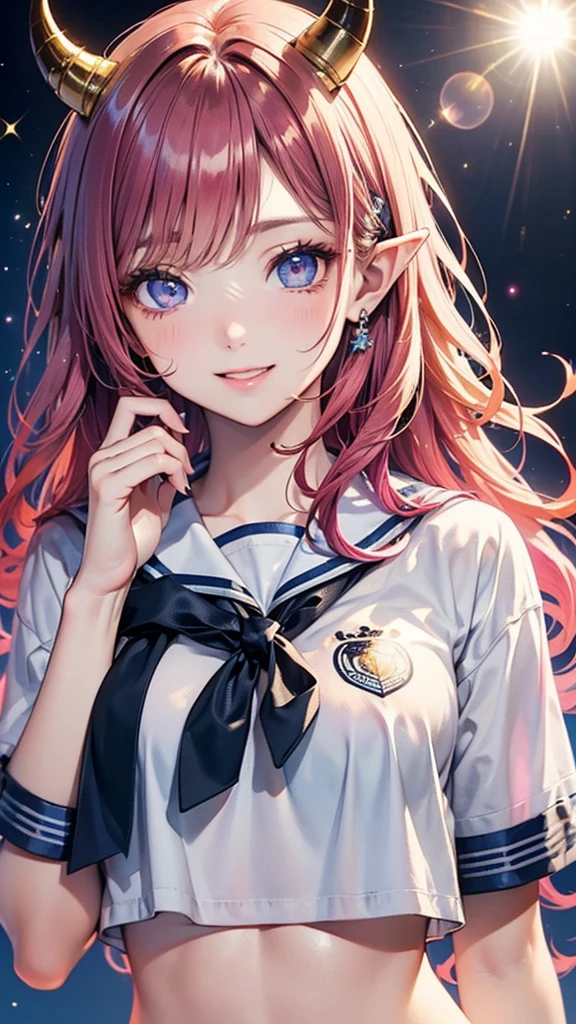 Soft Focus , (Bright gradient watercolor :1.5, Lens Flare:1.5 , Glitter :1.5), Glow , Dreamy , White background、Grid illusion, Colorful, girl、((extremely detailed eye:1.5)),((Face Zoom:1.5)),((Face Focus:1.5)),(((masterpiece、top-quality、top-quality、watercolor paiting)))(Curly)、Official art、Beautifully Aesthetic:1.2)、eye glass:1.5、(4girl:1.5)、(Fractal Art:1.3)、The upper part of the body、colourfull、((Ultra-detailed retina:1.5))、embarrassed from、(Midriff)、((pink eyes, Bangs)), ((Super Detail Eyes:1.5))、((red hair, long hair))、horns, horns towards the bangs, black horns, elf, elf ears((the Extremely Detailed CG Unity 8K Wallpaperasterpiece、top-quality))、((ultra-detailliert:1.2))、(The best lighting、Best Shadows、extremely delicate and beautiful)、(the Extremely Detailed CG Unity 8K Wallpaperasterpiece、best qualtiy、ultra-detailliert)、(The best lighting、Best Shadows、extremely delicate and beautiful)、(the perfect body:1.5)、((Wow Writing High School Uniforms:1.5)),{{{{Dazzling brilliance}}}}、Rainbow Bridge、(masutepiece:1.2), Best Quality, (Illustration:1.2), (Ultra-detailed), hyperdetails, (delicate detailed), (Intricate details), (Cinematic Light, best quality backlight), solo women, Perfect body, (4girl), (Best Illumination, extremely delicate and beautiful), Cinematic Light、【emblem:Irridescent color 】、Blue sky with、Sunnyday, smile, beautiful smile