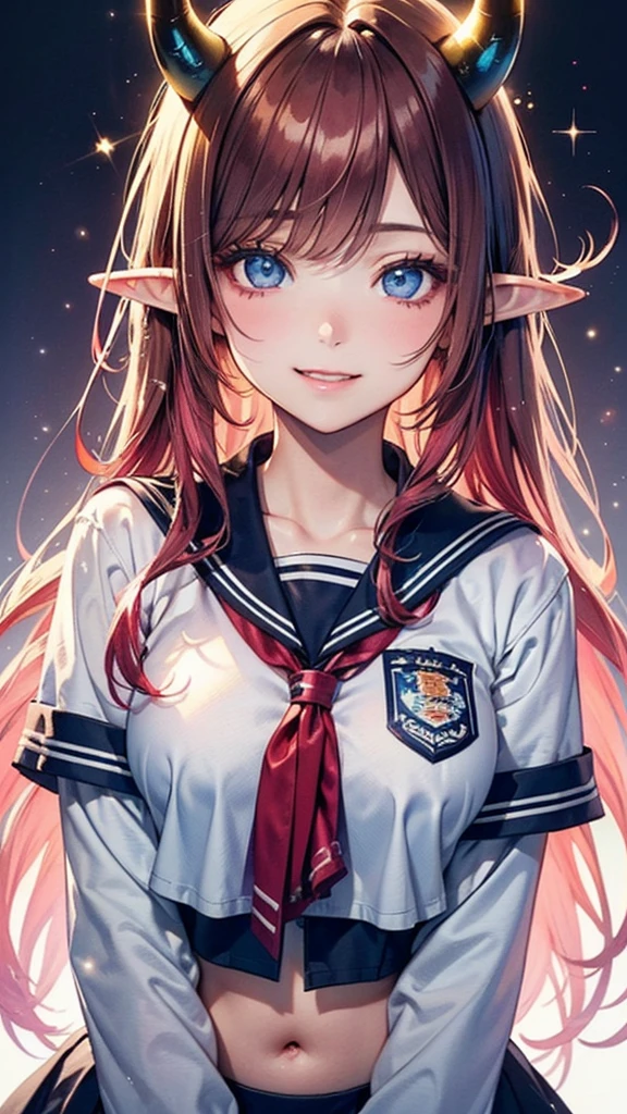 Soft Focus , (Bright gradient watercolor :1.5, Lens Flare:1.5 , Glitter :1.5), Glow , Dreamy , White background、Grid illusion, Colorful, girl、((extremely detailed eye:1.5)),((Face Zoom:1.5)),((Face Focus:1.5)),(((masterpiece、top-quality、top-quality、watercolor paiting)))(Curly)、Official art、Beautifully Aesthetic:1.2)、eye glass:1.5、(4girl:1.5)、(Fractal Art:1.3)、The upper part of the body、colourfull、((Ultra-detailed retina:1.5))、embarrassed from、(Midriff)、((pink eyes, Bangs)), ((Super Detail Eyes:1.5))、((red hair, long hair))、horns, horns towards the bangs, black horns, elf, elf ears((the Extremely Detailed CG Unity 8K Wallpaperasterpiece、top-quality))、((ultra-detailliert:1.2))、(The best lighting、Best Shadows、extremely delicate and beautiful)、(the Extremely Detailed CG Unity 8K Wallpaperasterpiece、best qualtiy、ultra-detailliert)、(The best lighting、Best Shadows、extremely delicate and beautiful)、(the perfect body:1.5)、((Wow Writing High School Uniforms:1.5)),{{{{Dazzling brilliance}}}}、Rainbow Bridge、(masutepiece:1.2), Best Quality, (Illustration:1.2), (Ultra-detailed), hyperdetails, (delicate detailed), (Intricate details), (Cinematic Light, best quality backlight), solo women, Perfect body, (4girl), (Best Illumination, extremely delicate and beautiful), Cinematic Light、【emblem:Irridescent color 】、Blue sky with、Sunnyday, smile, beautiful smile