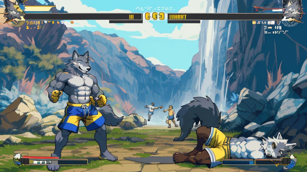 highres, absurdres(highly detailed beautiful face and eyes)perfect anatomy(kemono, furry anthro)(super handsome 2boys, pair, muscles ,abs)good lighting, cinematic shadow, detailed background, User Interface of Fighting game, dots game, pixel art, dungeon, Crisis, assorted poses, assorted expression, full body, sound effects, motion blur, from side, ((yellow wolf, blue shorts, knocked out on the floor)), (((gray wolf, white shorts, muay thai pose))) “VS”