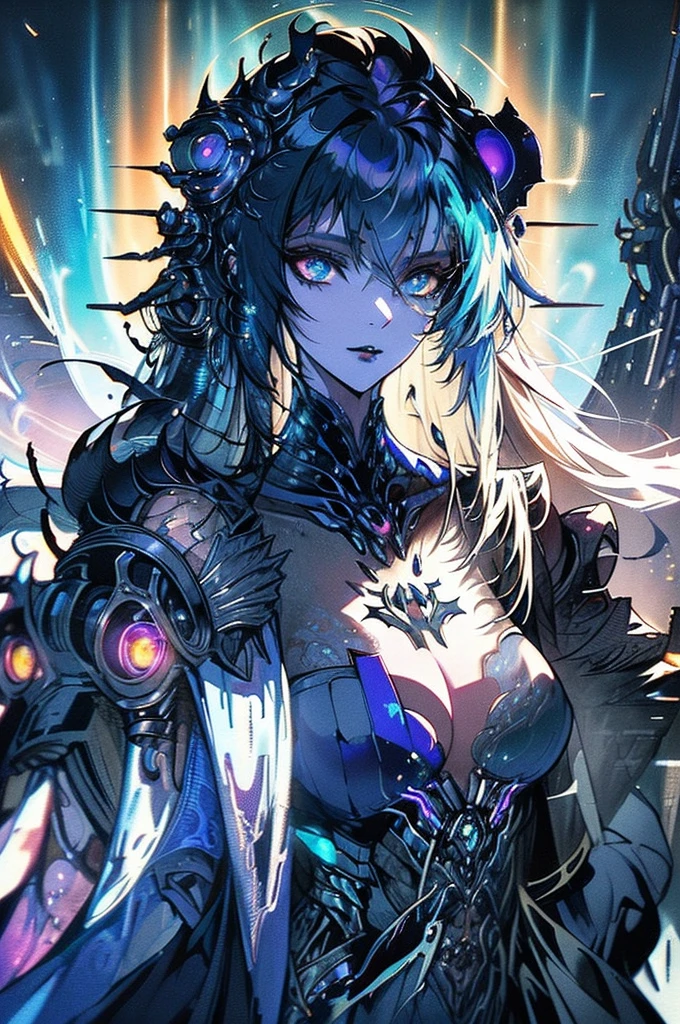 A cybernetically enhanced gothic alien girl, a masterpiece of mechanical horror looms in the shadows. This eerie creature is depicted in a hyper-realistic oil painting, capturing every intricate detail in stunning clarity. Its metallic fins glimmer with neon lights, contrasting starkly against its decaying scales. The background is a dark, polluted cityscape, adding to the ominous atmosphere of the image. The overall quality of the painting is so lifelike that it feels as if the alien could leap out of the canvas at any moment.