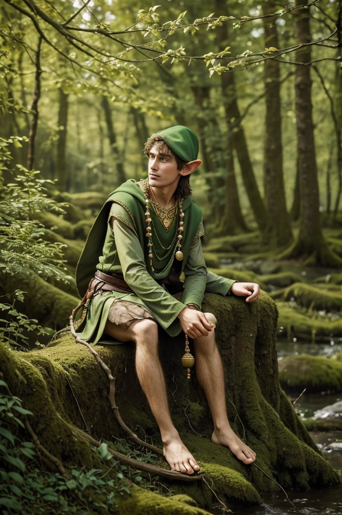 nature elf with hat sprouting branches and green leaves, wear tooth necklaces and amulets for protection, and around vessels full of gold and coins and riches, who is sitting looking at the horizon with his arms on his knees and hands crossed