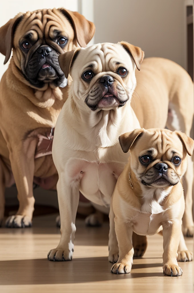 Create image of two dogs, one being a beige baby pug and another adult golden labrador dog