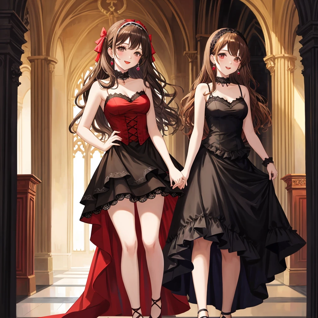 1 beautiful girl, walking in a hallway of a gothic church, elegant sleeveless dress, beautiful red and black dress, gothic style dress, long elegant transparent gloves, red high heels, ruby ring on the right index finger, low-cut chest, big round breasts, short skirt with ruffles, long black stockings above the knees with lace, full and detailed body, perfect body, butterflies around, upskirt, brown hair, bangs, hair behind ear, hair over shoulder, long hair, side swept bangs, wavy hair, hair one side up, expressive hair, shiny hair, hair ribbon, hair ornament, jewelry, butterfly hair ornament, ta hairband, aqua eyes, glowing eyes, pupils sparkling, heart earrings, open mouth, smile, fingersmile, bright pupils, seductive smile, red lips, Surrealism, high detail, interior architecture, anime style, Romanticism, Gothic art, dithering, first-person view, from below, perspective, Wide-Angle, f/1.8, 85mm, Sony FE, 8k, super detail, UHD, masterpiece, accurate, anatomically correct, high quality, highres, textured skin
