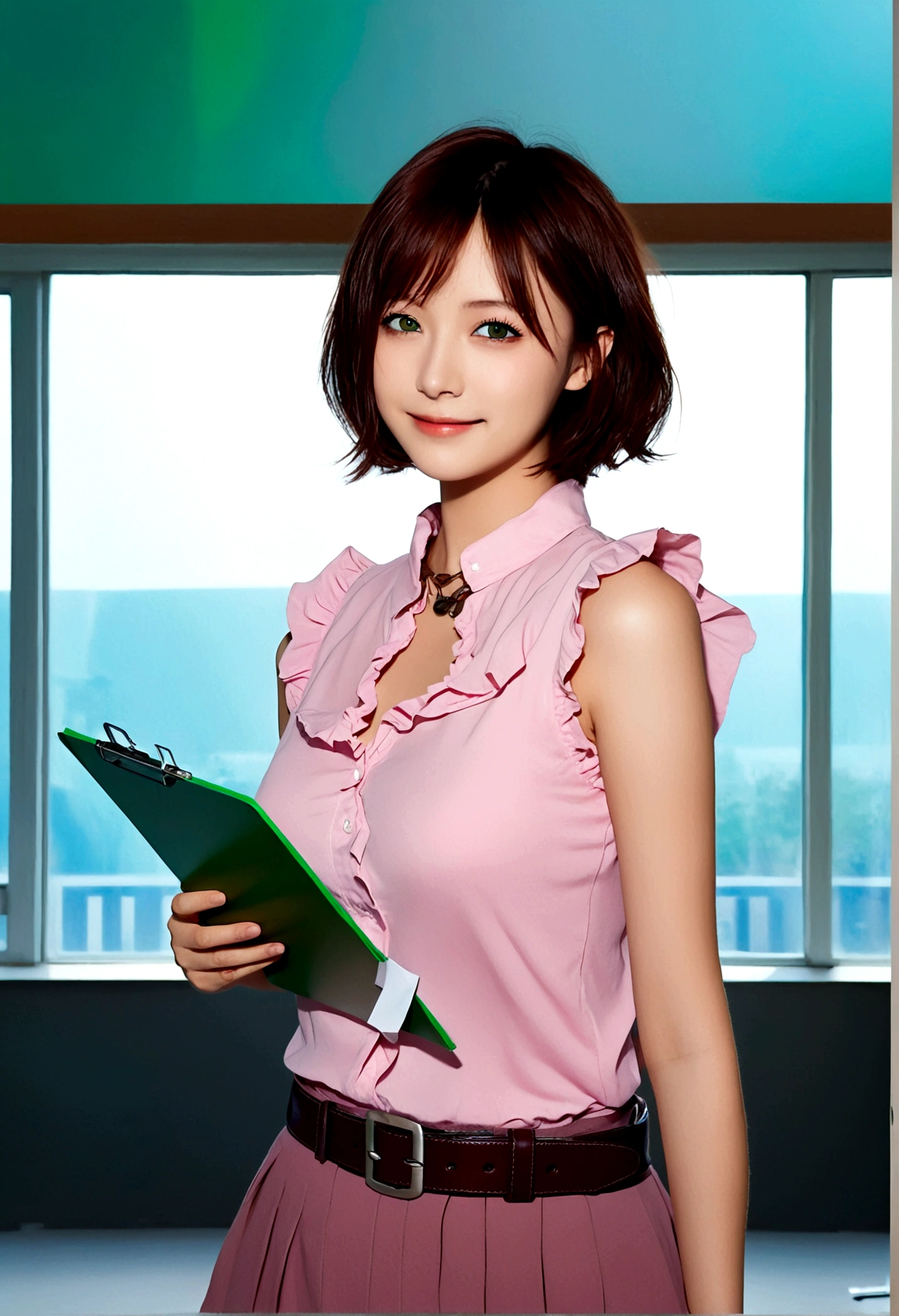 1 Girl, Solitary, breast, Looking at the audience, Smile, short hair, large breast, Brown hair, shirt, Keep, cleveage, Green Eyes, clavicle, Ruffles, sleeveless, belt, indoors, sleeveless shirt, pink shirt, clipboard