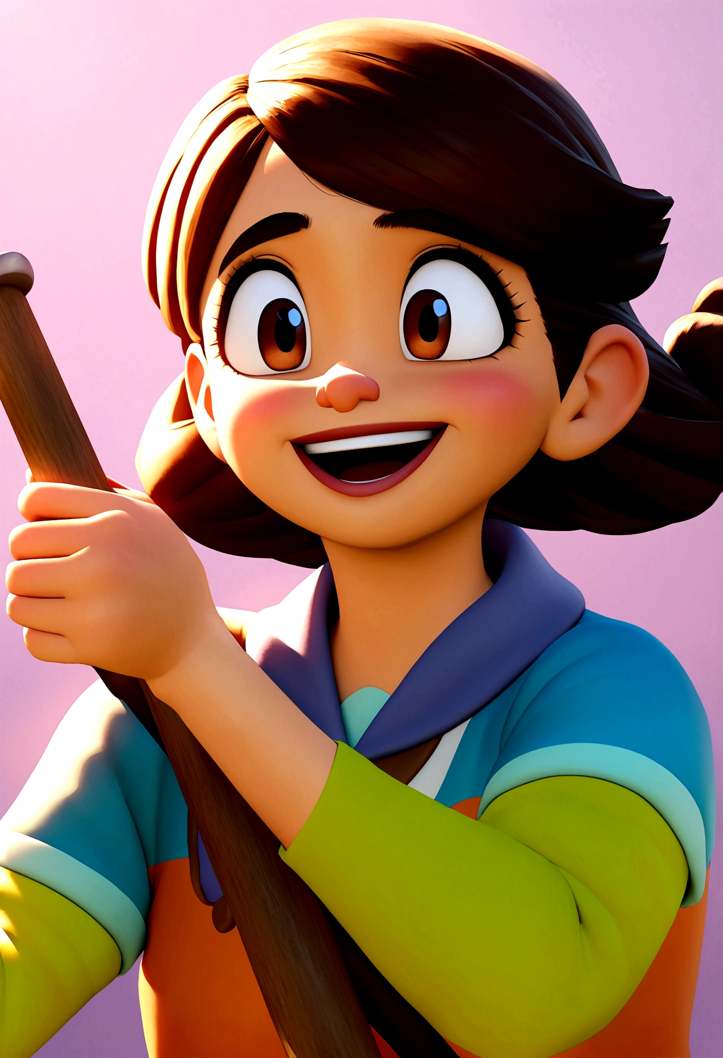 Imagem estilo pixar com personagem 3D  morena mulher cabelo curto cacheado loiro dançando, Disney makeup,fisherman, cute, smiling ,close up, pixar, Disney, cinema lighting,