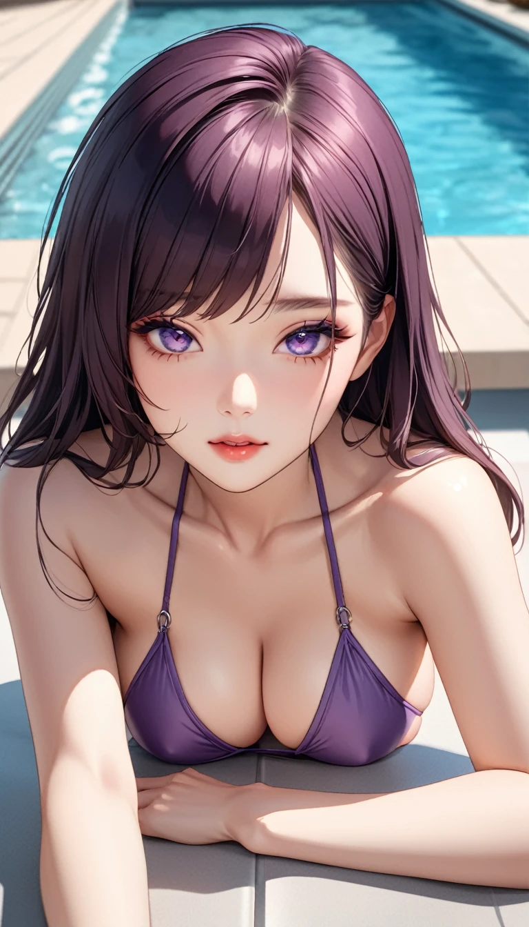 masterpiece, high resolution, beautiful woman, Korean Beauty, 30 years old, purple bikini, beautiful woman, pool, looking at me, high resolution face, (high resolution eyes), tits job
