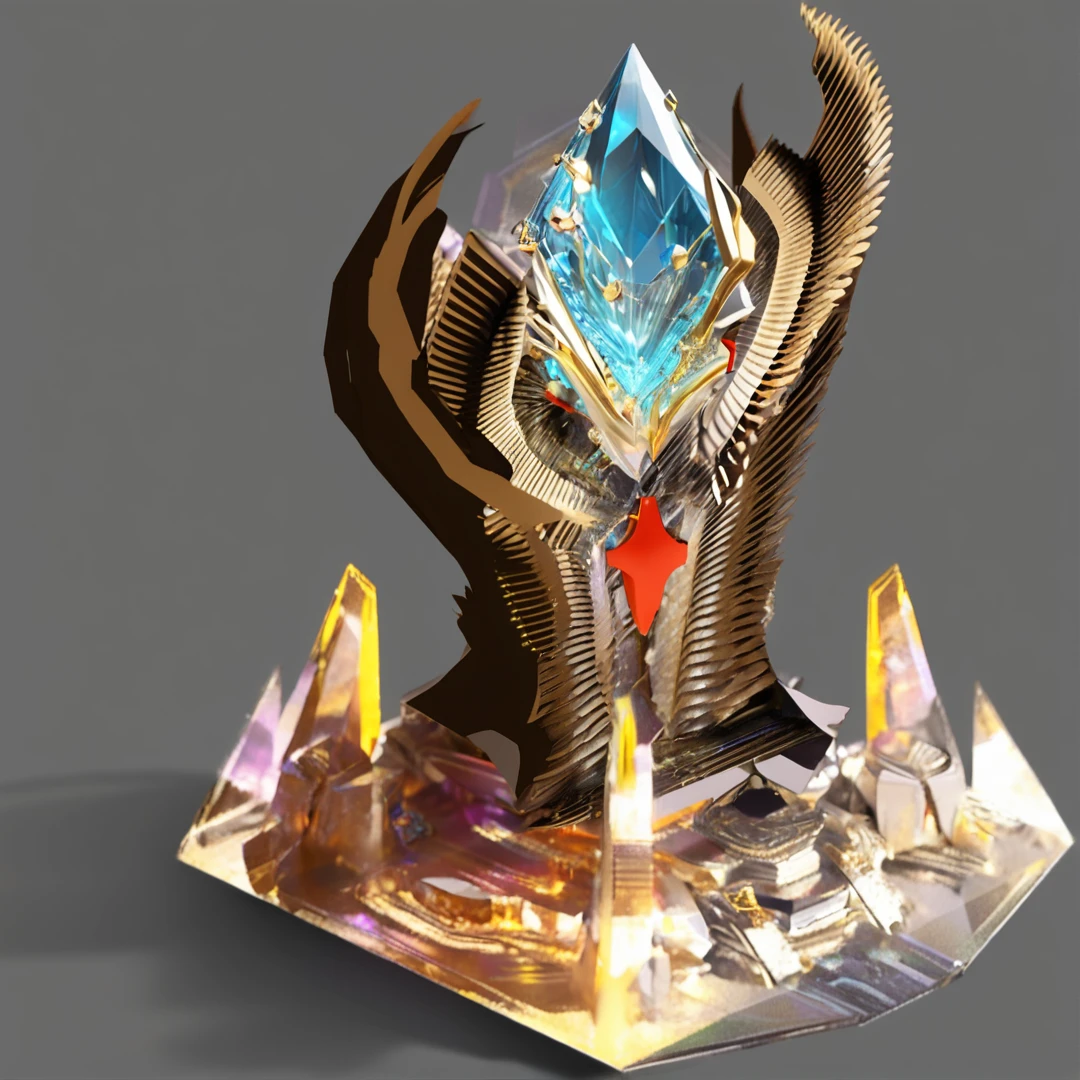 3D concept art for an alien crystal throne with golden wings. The top is gold glowing crystals and the bottom is a huge base made up of gold and grey craft materials. The render is created in Blender with a focus on polygon counting, modular composition, and center composition. Ambient occlusion is used to add depth, 45 degree overhead Angle, 3D game rendering style. The style combines influences from ZBrush and other digital art communities