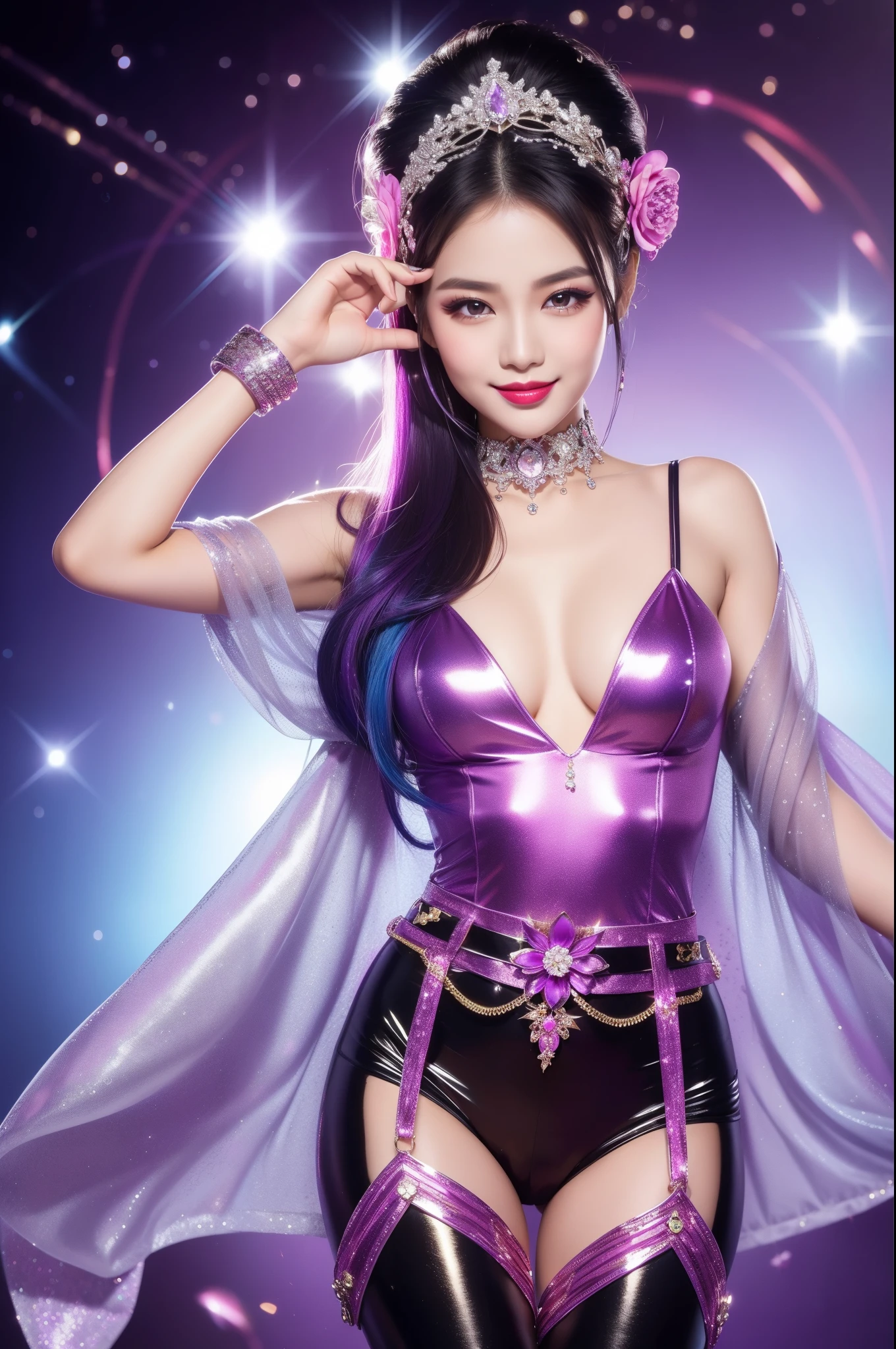 sexy Thai model who controls poison、beautiful smile、lip-gloss、bold lipstick、long lashes, metallic makeup、look at the camera、full body Esbian、、sparkling poisoned flower costume、、、、sparkling Colorful hair、secrete poison、skull hair accessories、sexy tights、shiny sparkling flowers background