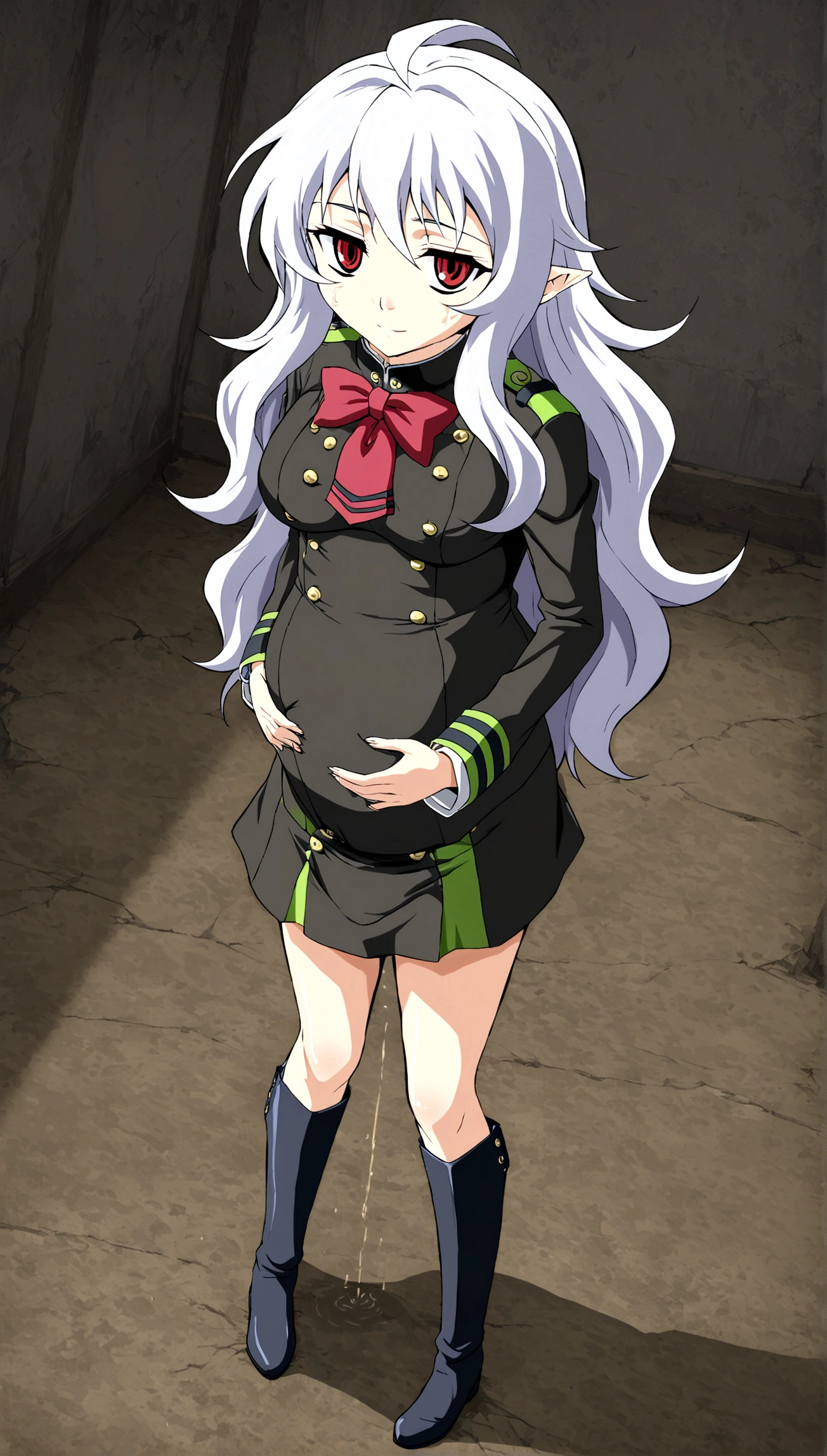 Anime. Owari no Seraph. 1 Girl. Expensive . A vampire. Clumsy mother. Pregnant. Silver hair. Wavy hair. Long hair. Red eyes. Beautiful eyes. Perfect eyes. Expressive eyes. Ideal face. Perfect body. Beautiful long ones. legs. Beautiful nose. 18 years. Big breasts. Standing. Full height. Beautiful character design. Shiny skin. Pointy ears. Ancestor Uniform Dress from Owari no Seraph. Ruins of Tokyo. Whole body. NSF. Official art. Extremely detailed CG Unity 8k wallpaper. Ideal lighting. Ultra high resolution 4K. Super detailed 8K. A high resolution.