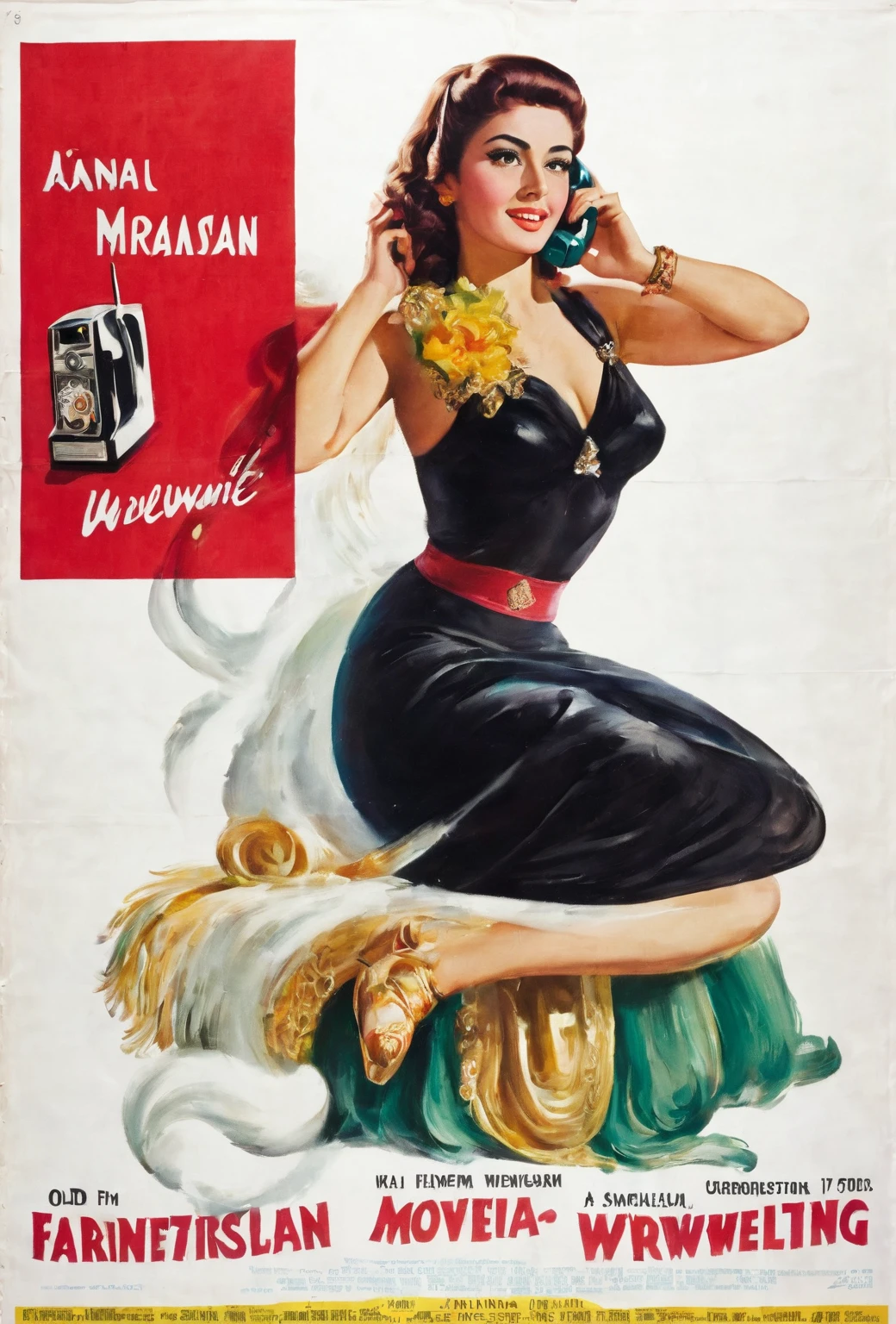 a close up of a poster with a woman on a phone, movie poster from 1960s, poster for the film, 1 9 5 0 s movie poster, arabian wrestling woman, 1960s orientalism, movie poster, vintage movie poster, cerebri movie poster, film poster, old movie, movie poster 7 0's, vintage film poster