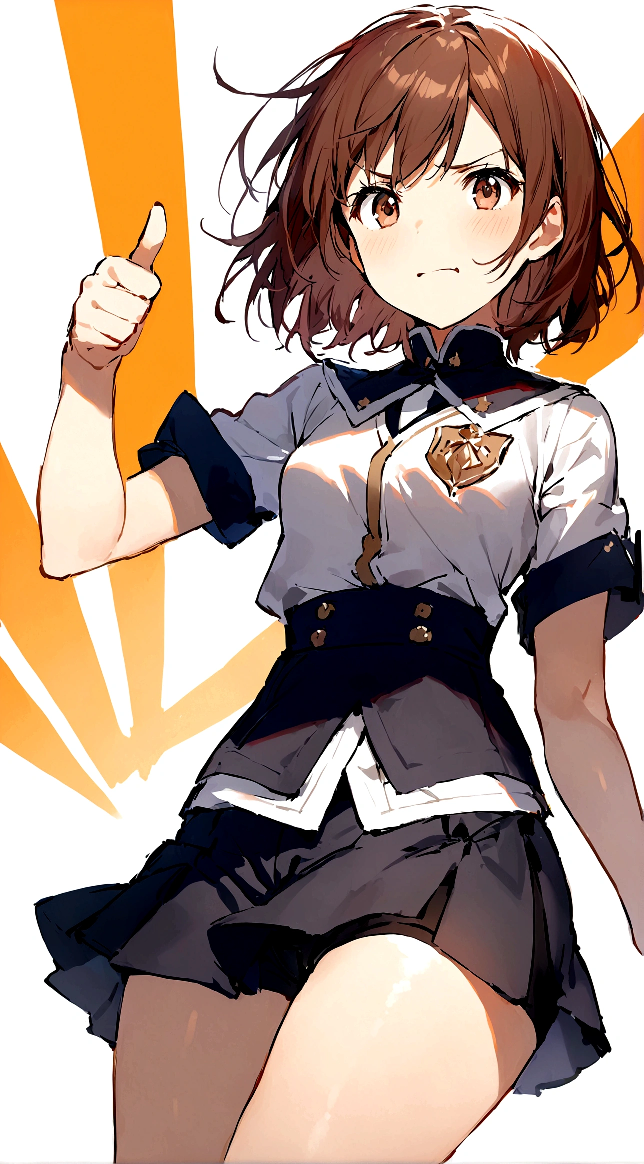 1 Girl,Brown eyes,Brown hair,Give a thumbs up with one hand,One hand on waist,proudly, Disgusted expression, Mikoto went up,,short hair,shorts,skirt下的shorts,Simple background,skirt,Solitary,White background