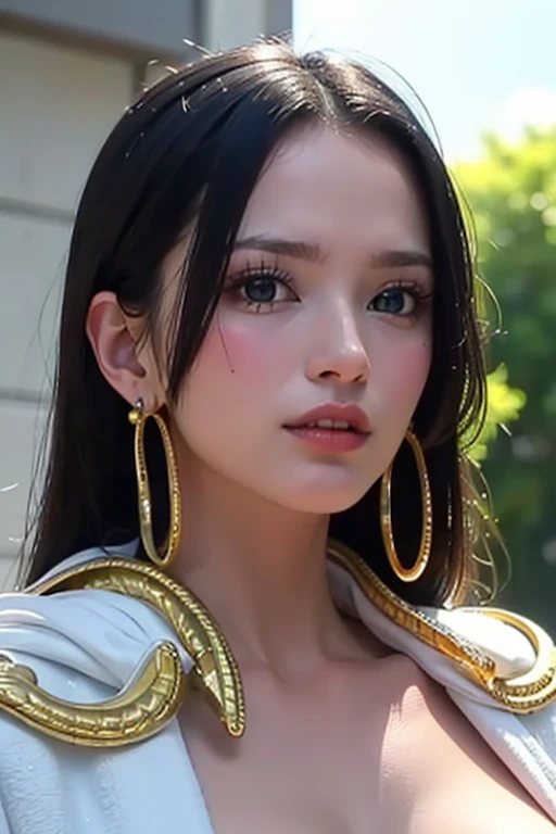 (masterpiece), (best quality), (Practical), Nikon RAW photos, Fuji XT3,  (detailed, 21-year-old young female captain, big eyes, Gold snake earrings, Look away), Sensual, (ultra detailed), 8K, 4K, complex, superior_Body, detailed_Face, Optimal lighting, outdoor, cosmetic, bleach background, Low level,(masterpiece, best quality:1.4), (Face focus:1.5), external, (Close to the sea), 1 Girl, Solitary, Hancock 1, 1 Girl, Boya Hancock, Large Breasts, cleveage, Long hair, Epaulettes, cape, (white cape:1), Top of crop, Long sleeve, Side slits, (Young women in Europe:1), Looking at the audience, Beautiful Smile, beautiful Face, highly detailed Face, highly detailed eyes, subsurFace scattering, Practical pupils, full Face blush, Full lips, detailed background, Depth of Field, Volumetric Lighting, Clear focus, absurd, Practical proportions, (Practical, hyperPractical:1.4), 16k High Dynamic Range
