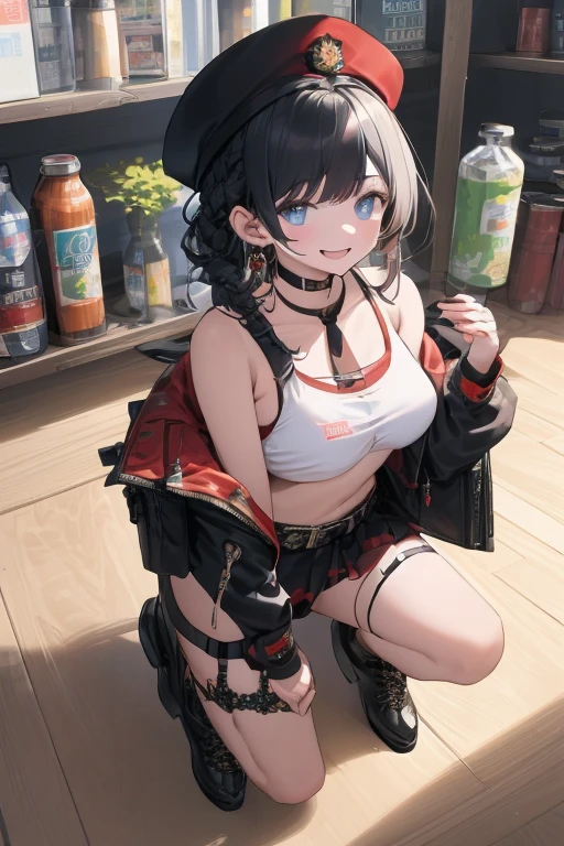 (masterpiece:1.2), (Military uniform magazine cover:1.4),best quality,PIXIV,Sweet girl , sexy posture,1girl, (perky chest:1.2), rolling upskirt by wind:1.6, (with sparkling eyes and a contagious smile),open mouth, (pointed chest:1.2),fishnets, black hair, boots, long hair, black nails, skirt, shirt, black footwear, bag, black skirt, jewelry, jacket,  thigh strap, bangs, necktie, earrings, nail polish, multicolored hair, looking at viewer, full body, bottle, own hands together, belt, jacket on shoulders, food, cats on head, ring, choker, english text, collared shirt, blue eyes, hat, lace-up boots ,masterpiece、highest quality、Very detailed、An illustration、Beautiful fine details、One Girl、cute、Detailed landscape、Training Room Background:1.4、Platinum Blonde Hair、Braided Ponytail、Red camisole、((c cup breasts, Tank top showing underboob:1.4))
