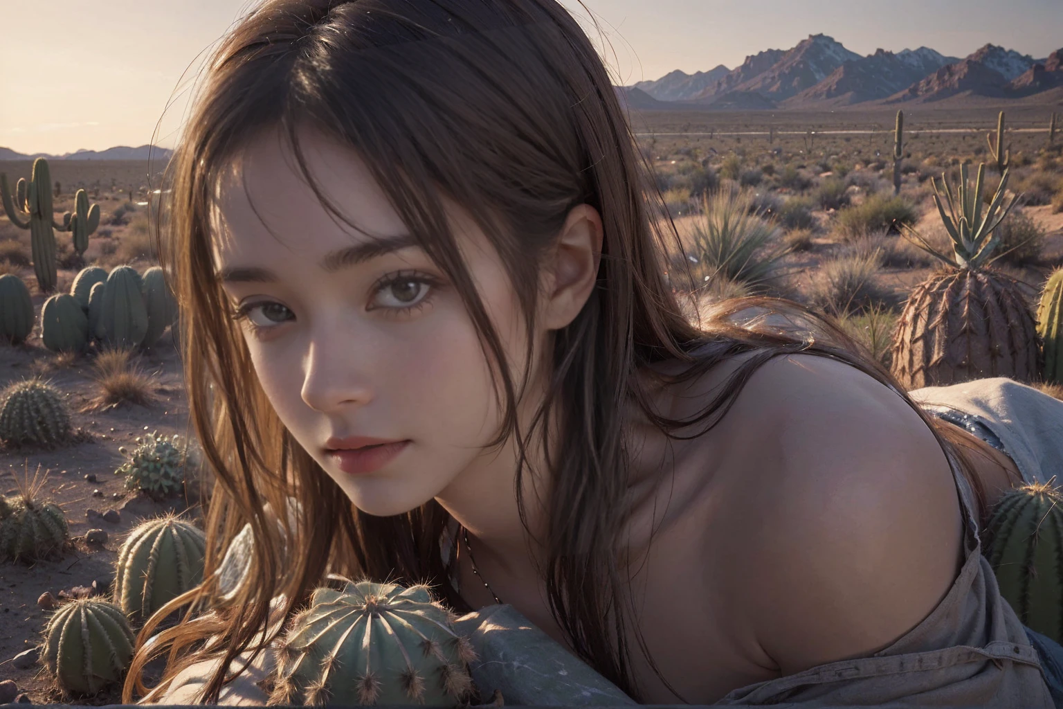 ((Top quality)), ((Excellent)), 32k resolution, realistic photo, level of completion of difficulty S. ((Very beautiful)), one girl, messy hair, realistic skin texture, rugged desert, cactus, feminine pose, divine angle, beyond imagination.