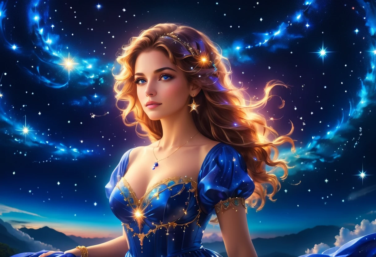 a portrait of an astrologer looking at libra constellation in the night sky, an extraordinary beautiful woman, there is magic in her eyes divining the future from the Libra constellation, dynamic hair color, dynamic hair style, wearing an intricate sapphire dress decorated with glowing stars, she looks to the night sky seeing the (Libra constellation: 1.3), vibrant, Ultra-high resolution, High Contrast, (masterpiece:1.5), highest quality, Best aesthetics), best details, best quality, highres, 16k, [ultra detailed], masterpiece, best quality, (extremely detailed), Cinematic Hollywood Film, magical sky, FireMagicAI