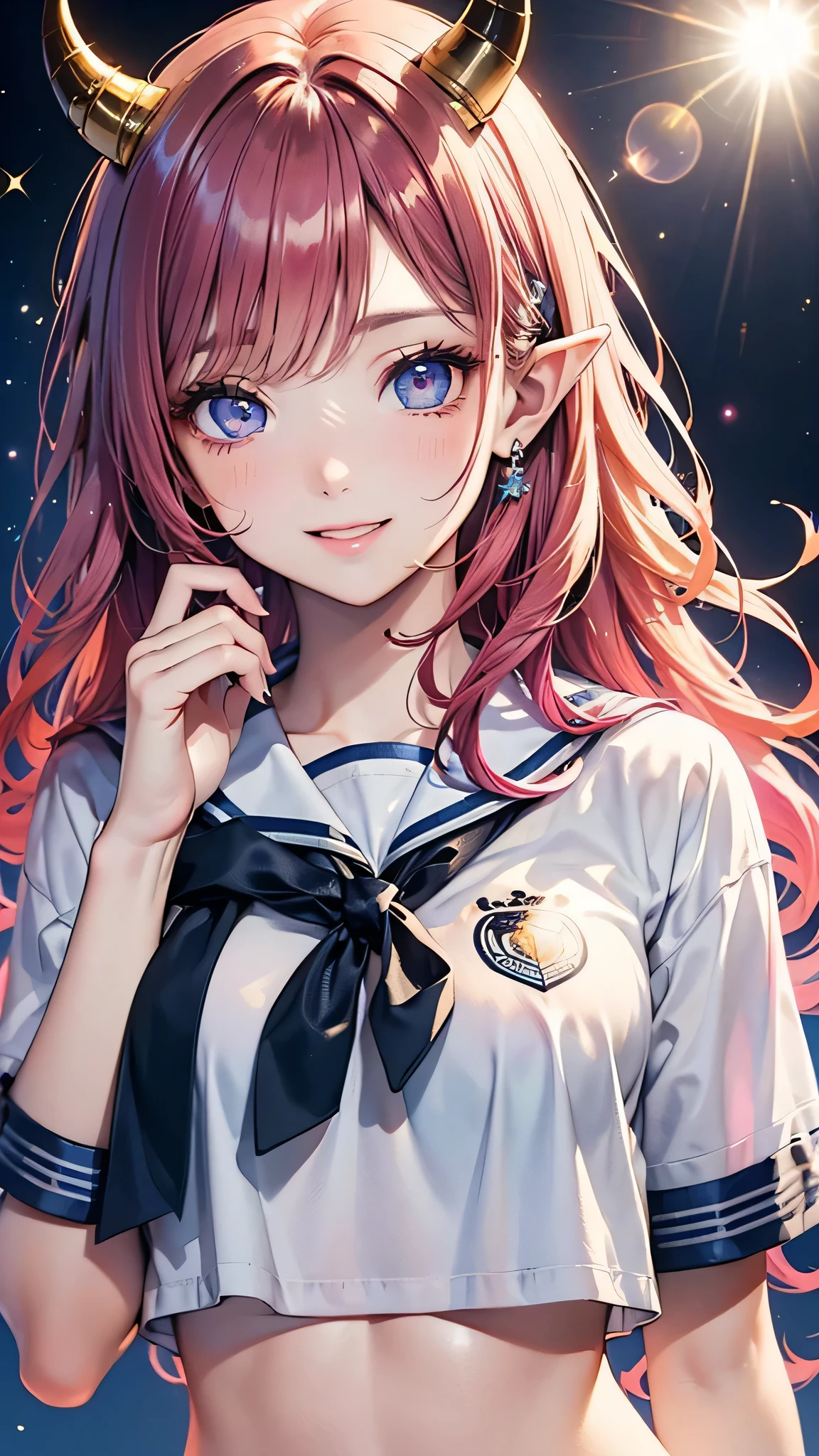 Soft Focus , (Bright gradient watercolor :1.5, Lens Flare:1.5 , Glitter :1.5), Glow , Dreamy , White background、Grid illusion, Colorful, girl、((extremely detailed eye:1.5)),((Face Zoom:1.5)),((Face Focus:1.5)),(((masterpiece、top-quality、top-quality、watercolor paiting)))(Curly)、Official art、Beautifully Aesthetic:1.2)、eye glass:1.5、(4girl:1.5)、(Fractal Art:1.3)、The upper part of the body、colourfull、((Ultra-detailed retina:1.5))、embarrassed from、(Midriff)、((pink eyes, Bangs)), ((Super Detail Eyes:1.5))、((red hair, long hair))、horns, horns towards the bangs, black horns, elf, elf ears((the Extremely Detailed CG Unity 8K Wallpaperasterpiece、top-quality))、((ultra-detailliert:1.2))、(The best lighting、Best Shadows、extremely delicate and beautiful)、(the Extremely Detailed CG Unity 8K Wallpaperasterpiece、best qualtiy、ultra-detailliert)、(The best lighting、Best Shadows、extremely delicate and beautiful)、(the perfect body:1.5)、((Wow Writing High School Uniforms:1.5)),{{{{Dazzling brilliance}}}}、Rainbow Bridge、(masutepiece:1.2), Best Quality, (Illustration:1.2), (Ultra-detailed), hyperdetails, (delicate detailed), (Intricate details), (Cinematic Light, best quality backlight), solo women, Perfect body, (4girl), (Best Illumination, extremely delicate and beautiful), Cinematic Light、【emblem:Irridescent color 】、Blue sky with、Sunnyday, smile, beautiful smile