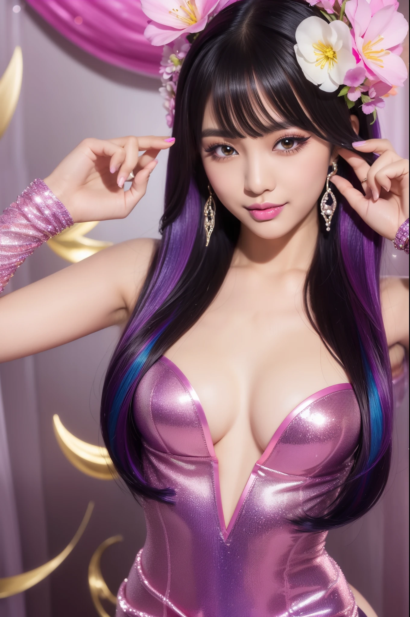 sexy Thai model who controls poison、beautiful smile、lip-gloss、bold lipstick、long lashes、eyeliner、vivid eye-shadow、look at the camera、full body Esbian、、sparkling poisoned flower costume、、、、sparkling Colorful hair、secrete poison、skull hair accessories、sexy tights、shiny sparkling flowers background