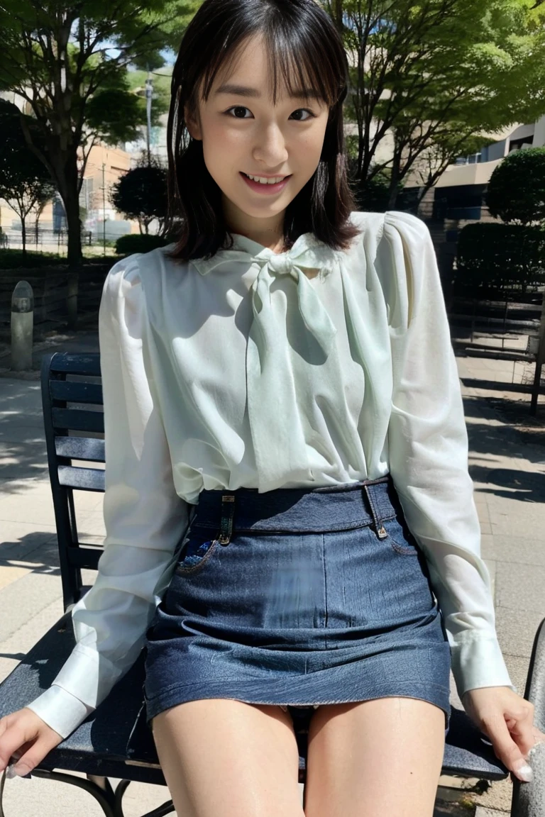 Female college student、Thin legs、ponytail、ribbon、skinny、slim、((Denim mini skirt))sitting on a park bench、Knees forward、(White lace panties)(Unbutton your shirt、Lace bra)Wearing cute sneakers、The whole body seen from the front、Flash photography