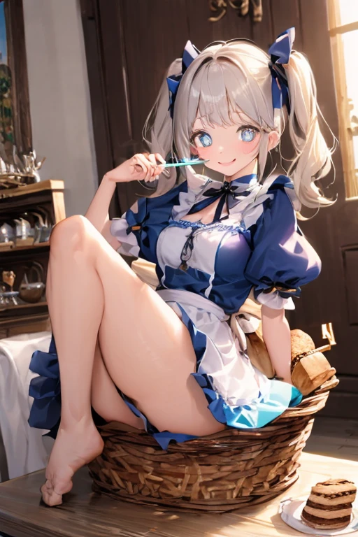 (perky chest:1.2), (pointed chest:1.2),(((Black Tunic:1.3))),(((cakes and bread in the basket),Cute and beautiful girl,Cute round face,Cute smile,with blush cheeks,Red Lip,a girl 22 years old, nsfw:1.2, beautiful body:1.3), shinny skin, BREAK, ((alice in the wonderland:1.3, cute, kawaii, lovely, funny, a girl falling down from sky:1.3, girl flying in sky:1.2, girl floating in air:1.3, rolling upskirt by wind:1.5, (with sparkling eyes and a contagious smile),open mouth, Looking at Viewer, surprised, putting hands on crotch over the skirts:1.35)), BREAK, ((floating things as follows:1.3, PlayingCards, Trump, tea cup, tea pot, tea spoons, pocket watch:1.3, lip sticks, candies:1.2, cookies, jam bottles, classical door_keys)), ((long purply_Blue dress :1.5, wearing long flaired skirt:1.3, the skirt is blowing:1.3, cute White Apron, black stockingedium long platinum-blonde hair:1.2, twin tail hair:1.6, tied hair with a large ribbon), (Blue eyes, bright pupils with highlights, detailed eyes), (lying down on your back:0.7, spreading legs with rising up straight:0.7), sexy posture, fantastic colorful art, (fantasy art:1.2, wondered images), ((correct anatomy:1.5, perfect anatomy:1.3, correct hand, small foot:1.2)),